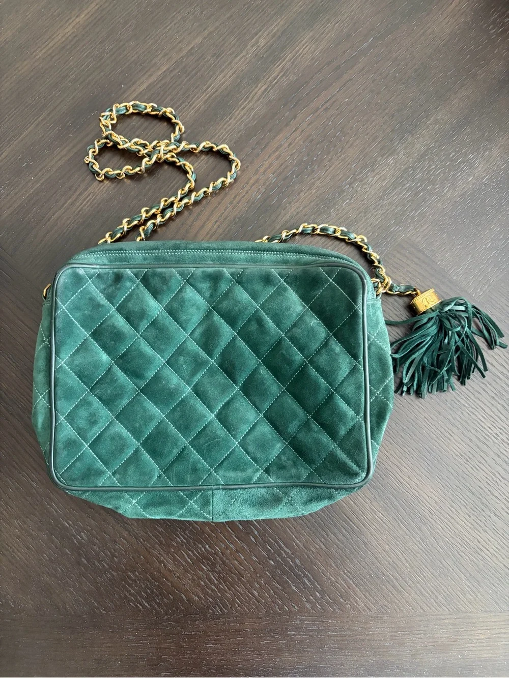 Rare CHANEL Vintage Green Suede Bag Quilted Tassel Gold Chain 1989-1991